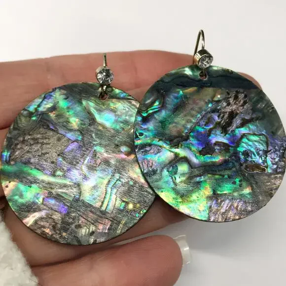 Vintage MOP Mother of Pearl Abalone Shell Round Disc Hook Earrings Oversized - Picture 5 of 9